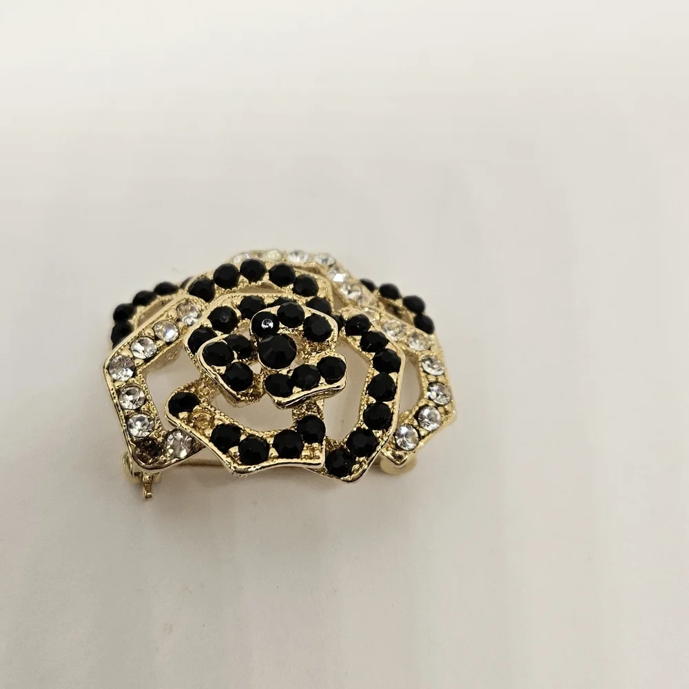 Flower Brooch Pin Rose Black Clear Rhinestones Crystals Open Work Multilayer